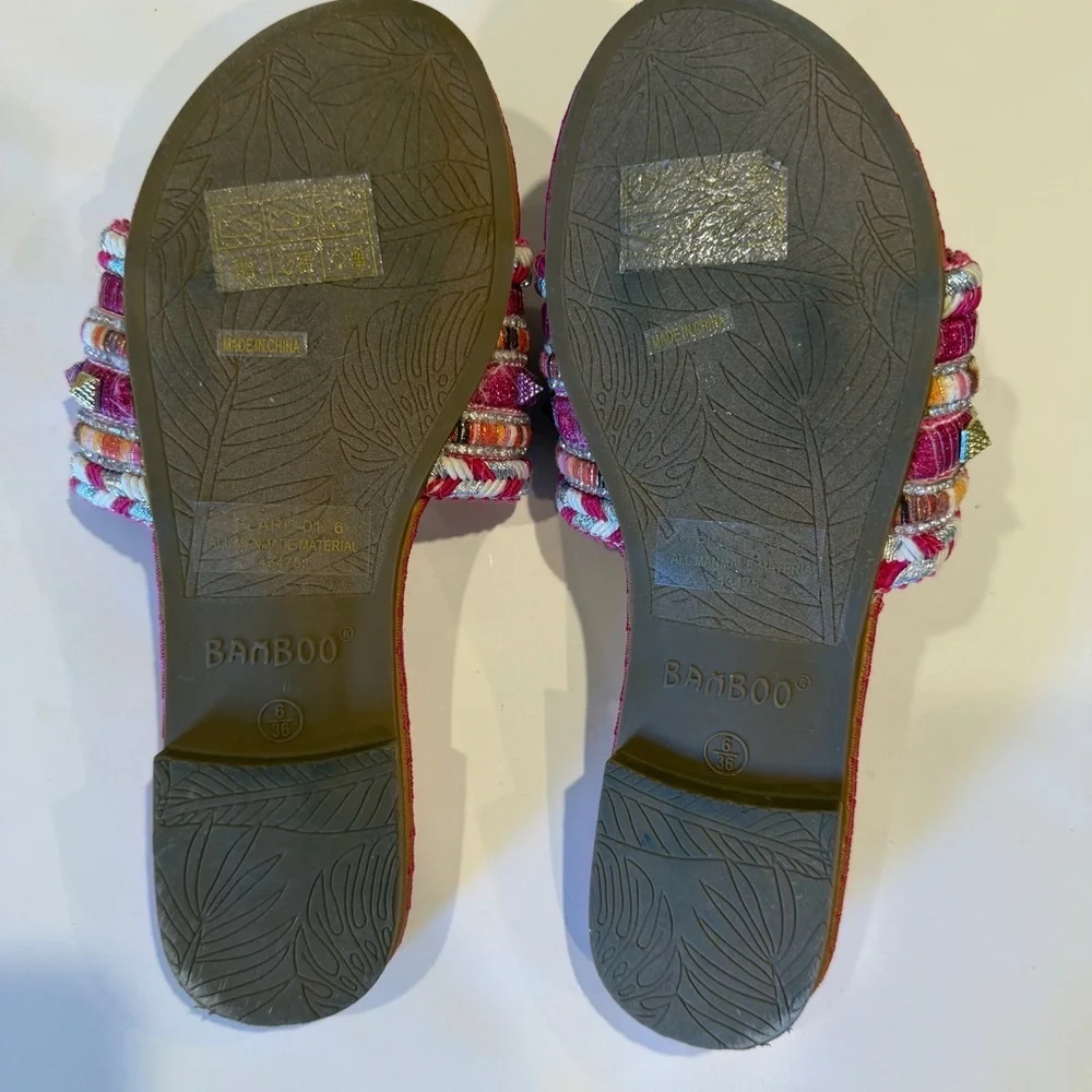 Bamboo Multicolor Beaded Slide Sandals Size 6 / EU 36 Boho Luxe Statement Slides